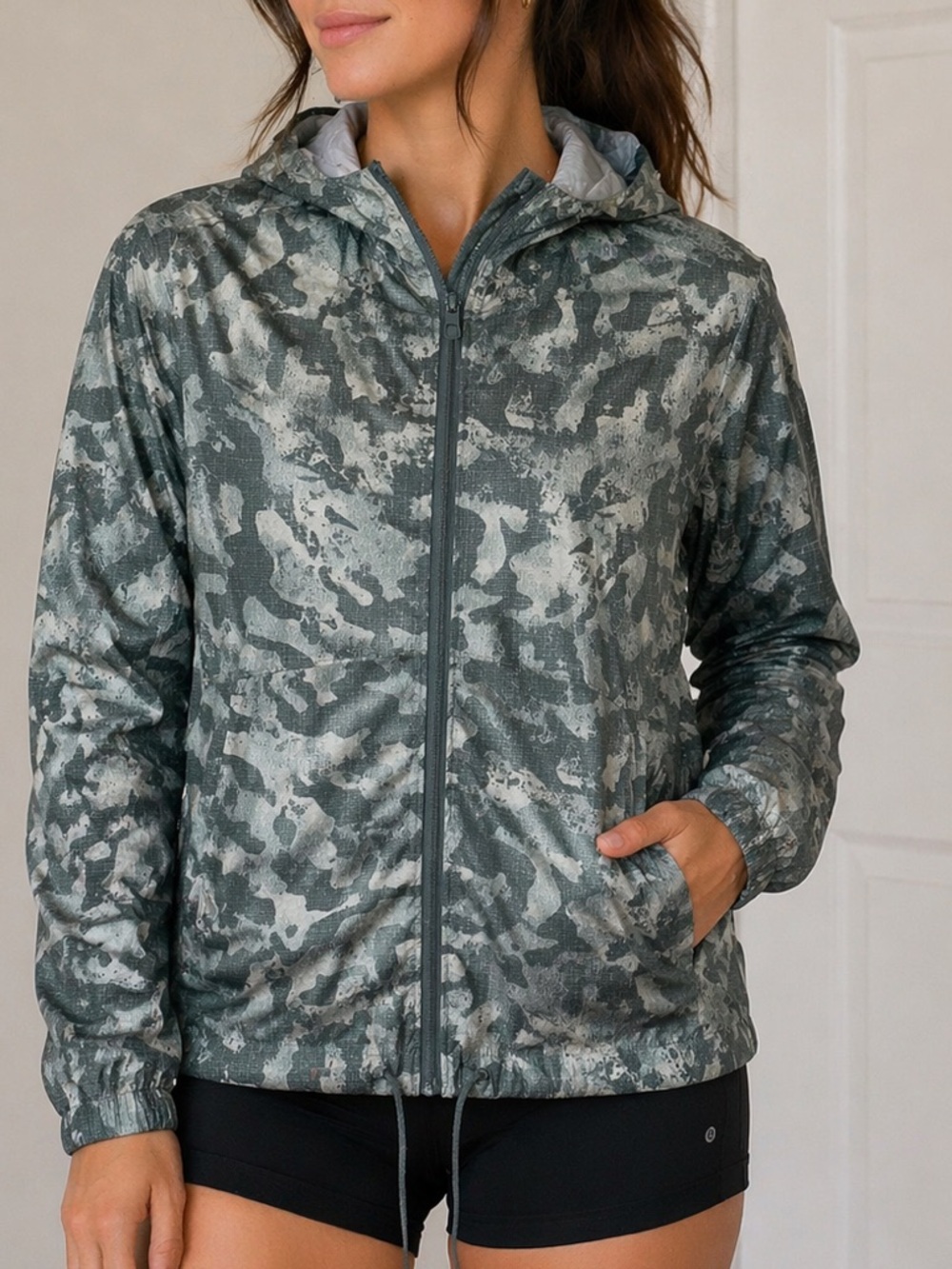 Columbia Green Camo Hooded Bomber Full Zip Jacket